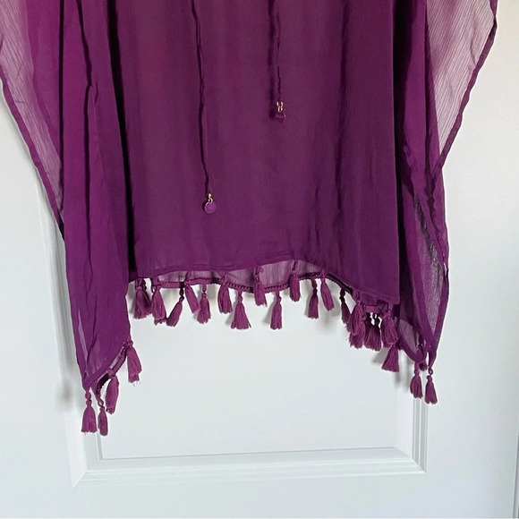 Blue Rod Beattie chiffon tassel trim caftan coverup Top 29155 - Picture 3 of 11